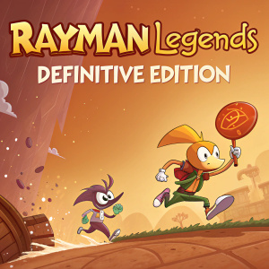 Illustration for Rayman Legends Definitive Edition. Warm orange-toned background with dynamic elements. Rayman and Globox in action poses. Prominent display of the game title at the top. Dynamic and energetic feel.