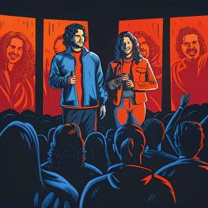 Kit Harington and Denise Albert at Comic-Con. Promoting 'How to Train Your Dragon 2'. Brightly lit panel discussion with enthusiastic fans in the audience