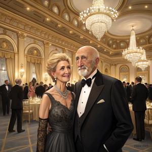 Jane Pittson and Dominic Chianese at a chic gala. Luxurious ballroom setting with gold accents and chandeliers. Guests in formal attire