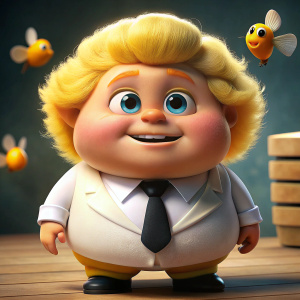has un sticker con un personaje gordito con cabello rubio y estilo parecido al de alfalfa con un traje blanco y una corbata negra, tiene cachetes sonrojados, es de piel claro y su compañera es una abeja, la animación de este personaje debe ser como en las caricaturas de Disney en los 90, la acción es el peleando con su abejita