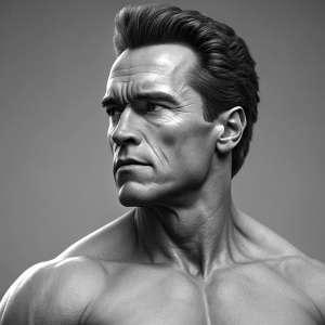 Digital 3D render of Arnold Schwarzenegger. Serious expression. Black and white.