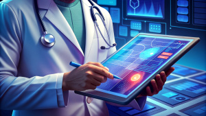 EMRs, Electronic Medical Record system. Doctor using digital tablet recoding, analyzing digital patient's personal health history and information on digital document, global health technology