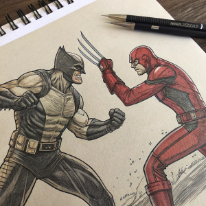 Comic illustration featuring Wolverine and Daredevil in intense combat stance. Pencil sketch on sketchbook paper.