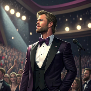 Chris Hemsworth in a black tuxedo with a dark purple bow tie. Standing on a stage. Vibrant audience in the background.