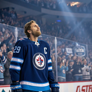 Blake Wheeler, hockey player, wearing a blue jersey with the logo of his team. Standing in a stadium, fans in the background.