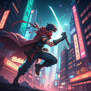 Strider Hiryu in an action-packed scene. Wielding his iconic sword. He is in mid-jump, surrounded by neon-lit futuristic cityscape.