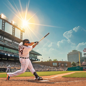 Miguel Cabrera in a vibrant action shot, swinging at a pitch during a sunny stadium game.