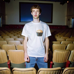 Crea un mockup de remera blanca lisa con un fondo noventoso de pantalla de cine