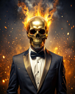 effect, photoshop action, realistic wise gold skull with human body gold on head, in tuxedo, flames of fire, sparks, dust, explosion, effect, quality xd, micro detail sharpening,