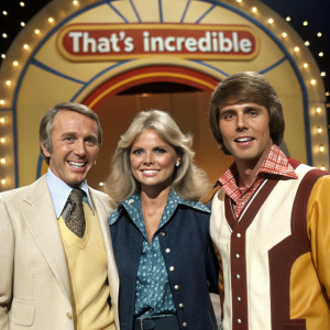 Fran Tarkenton, Cathy Lee Crosby, and John Davidson at a nostalgic TV show reunion. Wearing vintage costumes. The set is adorned with retro 'That's Incredible' logo.