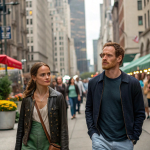 Alicia Vikander and Michael Fassbender walking on a bustling city street. Both are dressed in casual attire. Background features tall buildings and street vendors.