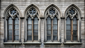 four gothic glass window,old wood grandwall,gray colour 