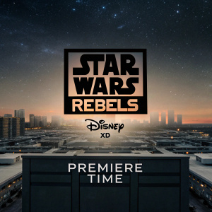 Promotional poster for the Star Wars Rebels TV premiere. Futuristic cityscape backdrop. Disney XD logo prominently displayed. Warm orange hues. Deep space-themed background. Premiere date and time featured.