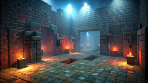 Design a dark Roblox maze with blocky stone walls and minimal lighting. The floor is uneven and covered in pixelated shadows, creating a foreboding atmosphere. Echoes of whispers and distant footsteps fill the maze, enhancing the sense of dread.

Thick, pixelated fog drifts along the ground, obscuring hidden traps like trapdoors and dart shooters. Add rusty, blocky doors and red stains for an extra touch of danger. Ensure the maze remains dimly lit to maintain a constant feeling of tension and f
