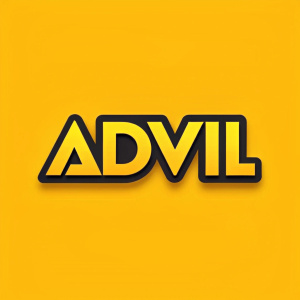 Eye-catching logo design for Advil. Bold yellow color scheme. The font is sleek and modern. The logo is prominently displayed and fills much of the frame. Simple yet striking.