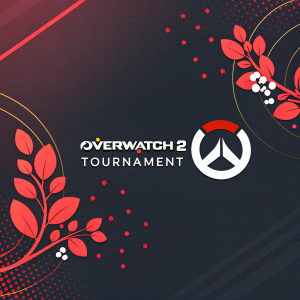 Dark background, digital art of Overwatch 2 logo and tournament text with abstract shapes and red accents