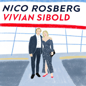 Nico Rosberg and Vivian Sibold at a corporate event. Grand banner with bold slogan in background.