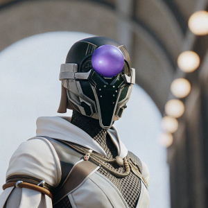 A video game character with cybernetic helmet and purple orb-like structure in her futuristic outfit. Dark background with neon lights. Stylized and futuristic aesthetic.