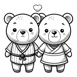 black and white line art, couple bear cute lovers, black and white only, vector style, for coloring book page