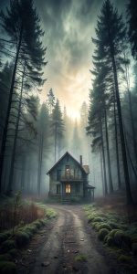 close up an ominous abandoned house in the thicket of the forest at dusk, fog