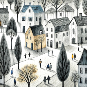 City houses and trees, people walk along the street seamless pattern in the style of Chagall