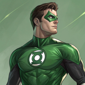 Digital illustration of Hal Jordan as Green Lantern. Muscular build, green and white suit, eyes glowing through mask.