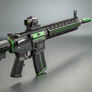 Digital illustration of a futuristic HK416 rifle. Gun design is sleek, black and green. Grey background.