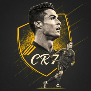 Digital portrait featuring Cristiano Ronaldo and James Rodríguez. Both in black and yellow color scheme. Ronaldo in the top half, name written in elegant font. Rodríguez in the lower half, dynamic pose with a shield-like emblem on chest.