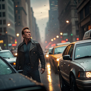 Arnold Schwarzenegger in an action-packed scene from 'Ericole A New York'. He's amidst a chaotic city filled with speeding cars.