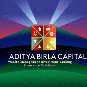 Modern logo for Aditya Birla Capital. Vibrant red background with warm hues. Emblem featuring financial icons. Below the emblem, 'Aditya Birla Capital' in bold, modern font. Services listed beneath: Wealth Management, Investment Banking, Insurance Solutions.