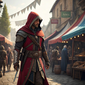 Ezio Auditore, in his iconic red hooded cloak and double blades, standing in the middle of a bustling medieval marketplace.