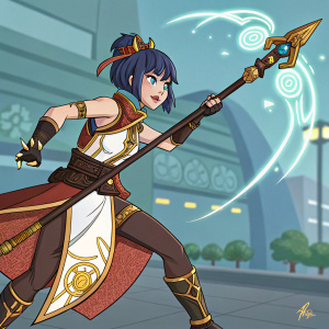 Xiangling from Genshin Impact, in a dynamic pose. She wears a traditional outfit with brown and gold accents. The background is a modern, digital setting with a glowing, animated backdrop.