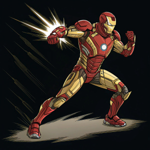 Tony Stark, aka Iron Man, mid-fight pose. Dark background, dynamic colors, comic book style