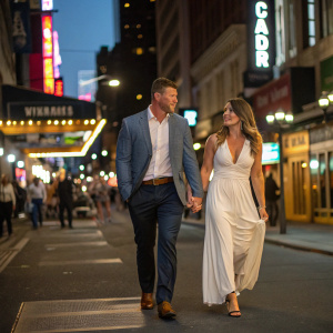 Michael Bisping, in a business casual outfit, and Rebecca Bisping, in a flowy white dress, walking hand in hand through a crowded city street at night.