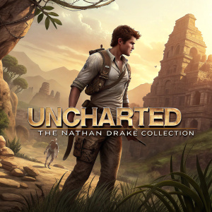 Video game box art for Uncharted: The Nathan Drake Collection. Nathan Drake, muscular character, standing amidst ancient ruins, sepia-toned landscape. Game logo in gold, muted color palette.