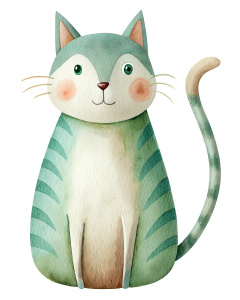 A cute [ cat ] clipart, organic forms, in the style of Jon Klassen, desaturated light and airy pastel color palette, nursery art, white background