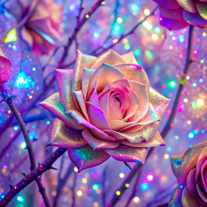 on a pink roses Glam Glitters Sequins light pastel  very much glitter sparkly ultra intense crystal effect fantasized glam Sprinkle  on the branch Shimmering Bioluminescent fairytale masterpiece  Magical Holographic  Glossy Bioluminescent iridescence  Shimmering Holographic   Foil Glossy Patent Spandex Vinyl   