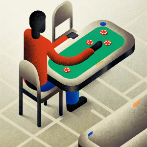Justin Bieber's avatar in a poker-themed gaming app. Green felt table, virtual chips, and interactive features such as send chips button and detailed player stats