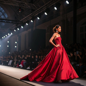 Mihika Verma strutting on the Paris Fashion Week runway. Wearing a stunning red gown. Crowded audience, dramatic lighting effects