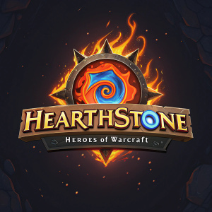 Digital artwork featuring an animated Hearthstone logo. Vibrant colors and dynamic flames swirling in the center. Against a dark background, the text 'Hearthstone Heroes of Warcraft' is displayed below.