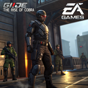 A screenshot from G.I. Joe: The Rise of Cobra video game. Main character in high-tech armor, combat stance. Other soldiers in background. Dark metallic tones, EA Games logo visible