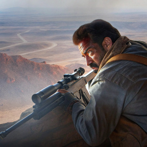 Salman Khan, intense look, holding a rifle, desert background, action scene.