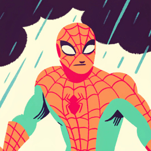 Illustration of Spider-Man from Marvel's Spider-Man 2. Detailed muscular build, tight red and blue suit. Dark, stormy background. Digital art style.