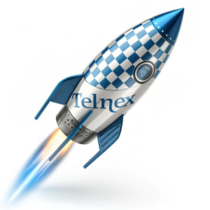 A sleek, modern logo featuring a stylized rocket ship with a shimmering checkered pattern in shades of blue and white. The rocket, designed with dynamic lines, carries the Telmex brand name, which appears to glow against a stark white background.