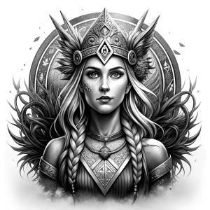 Freya - Nordic Goddess perfect realistic art, high-definition grey and black, white background tattoo design