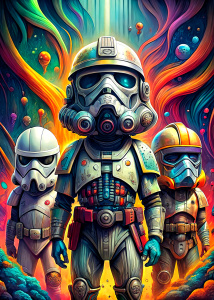   ultra detailed  cartoon character 2  white STORM TROOPERs and one  black DARTH VADER  ,background, style pop art, , style watecolor, black background,ready for print t-shirt, style art fabric, without horse, full body
