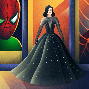 Kirsten Dunst, stunning at the Spider-Man 2 premiere. Dark hair, radiant smile, wearing a floor-length gown with intricate beading and sheer layers. Standing in front of Spider-Man movie poster.