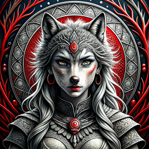 Nordic Godness Ylva She-Wolf - perfect realistic art, high-definition grey and black, white background tattoo design