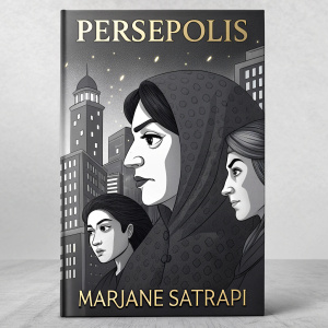 Book cover design for 'Persepolis'. Artwork by Marjane Satrapi. A blend of several female faces in a dark-toned cityscape. Grayscale imagery.