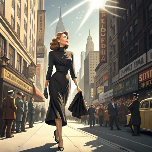 Rita Hayworth, in a sophisticated, high-necked, black dress. Walking down the street in New York City. Bright, sunny day with bustling crowd